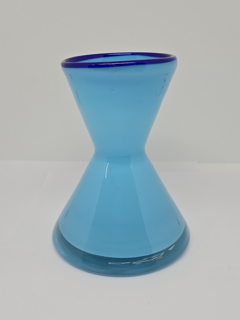 Modern Blue Hourglass Shaped Blown Glass Vase with Dark Blue Rim 5"